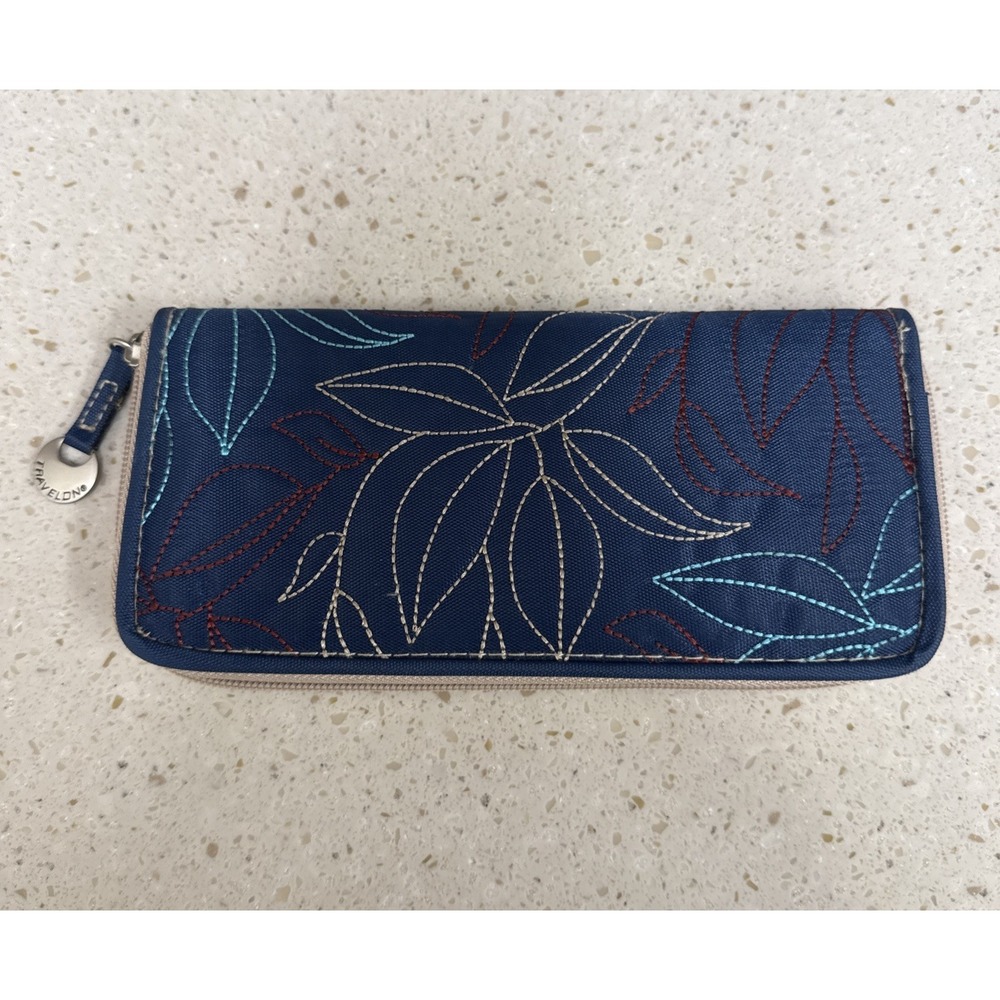 Travelon Navy Blue Embroidered RFID Blocking Safe Zip Around Wallet
